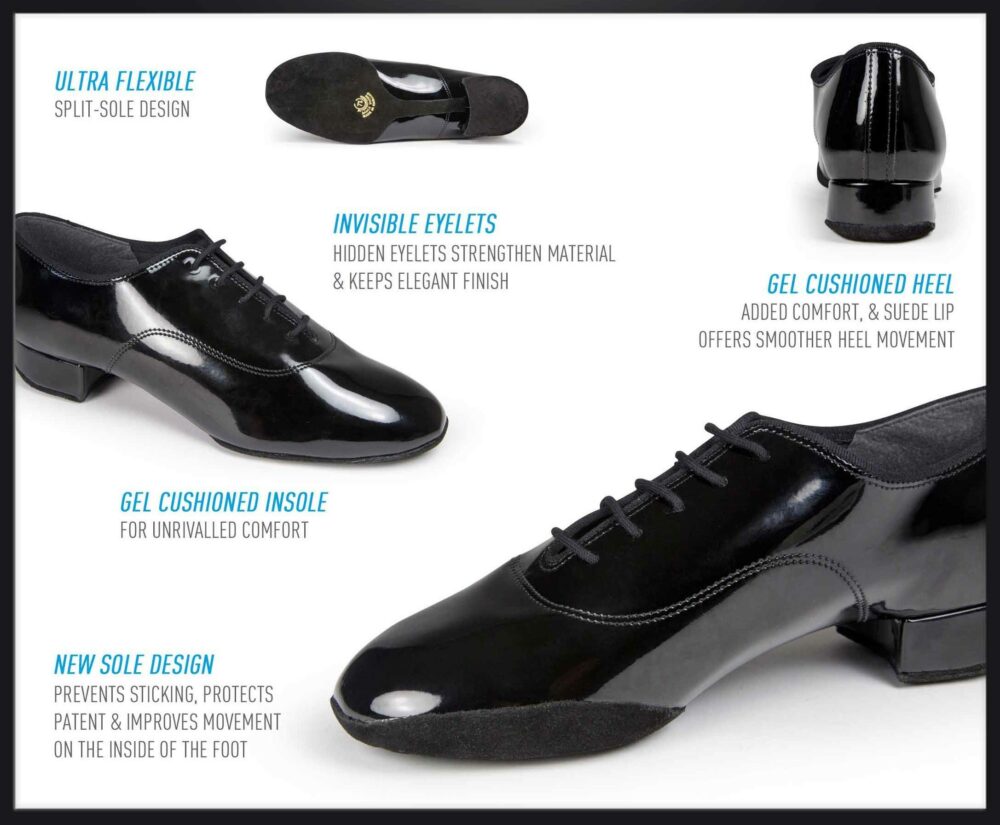 The Contra Pro is an upgrade to the popular Contra men's ballroom dance shoe with an innovative sole design where the sole wraps up over the big toe meaning smoother movement when the dancer uses the inside edge of the foot.