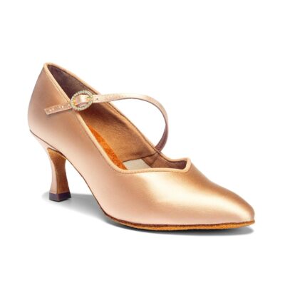 ICS Superstar SingleStrap Peach Satin with a diagonal strap and a 2.5" heel.