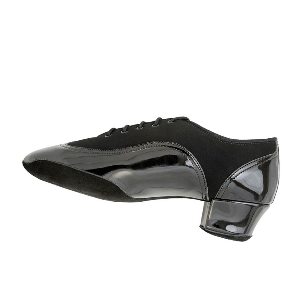 Shows the side of the Jones style, men's Latin Dance Shoe, which has the innovative sole design where the sole wraps up over the big toe meaning smoother movement when the dancer uses the inside edge of the foot.