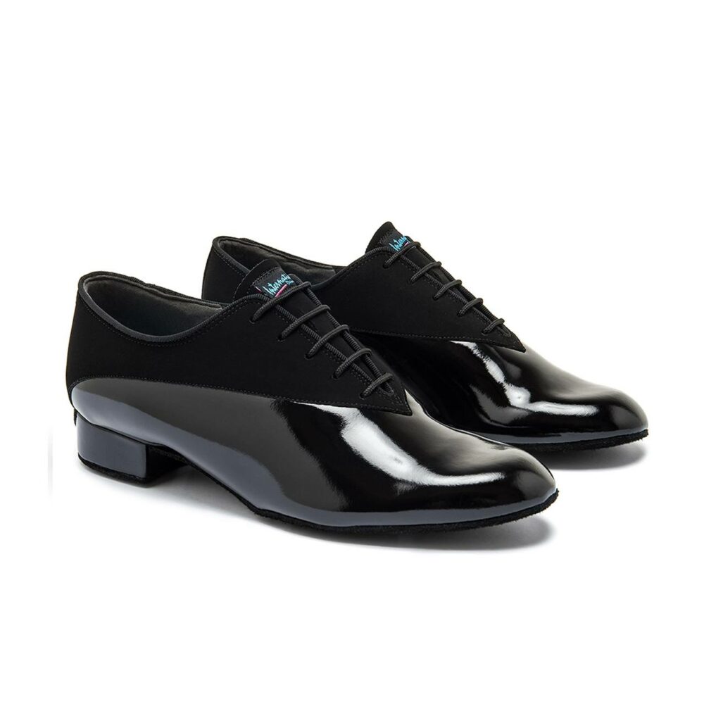 Pair of the Men's Pino Latin dance shoes in Black Nubuck and Black Patent with a 1" heel