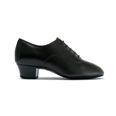 The split sole style of men's dance shoe in black leather, shown from the side