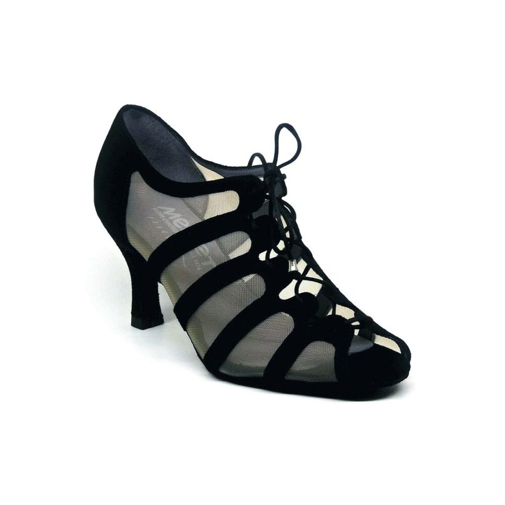 The Sya from Merlet of France in Black Suede and Beige Mesh with a 2.5 inch Flare heel