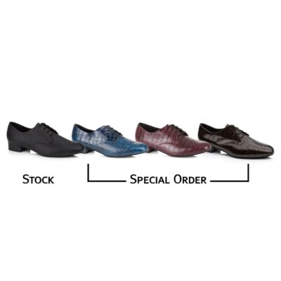 The Kelly men's dance shoe is a stock item in black but the coloured croc pattern is available in burgundy, blue, and brown by special order.