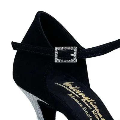 Mia T-Bar - Social ballroom dance shoe in black nubuck and Steel Pixel accents.