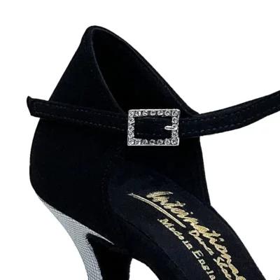 Mia T-Bar Black ballroom dance shoe in black nubuck and Steel Pixel accents.