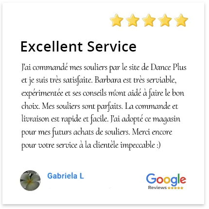 I ordered my shoes from the Dance Plus website and I'm very satisfied. Barbara is very helpful, experienced, and her advice helped me make the right choice. My shoes are perfect. Ordering and delivery were quick and easy. I've adopted this store for my future shoe purchases. Thank you again for your impeccable customer service :)